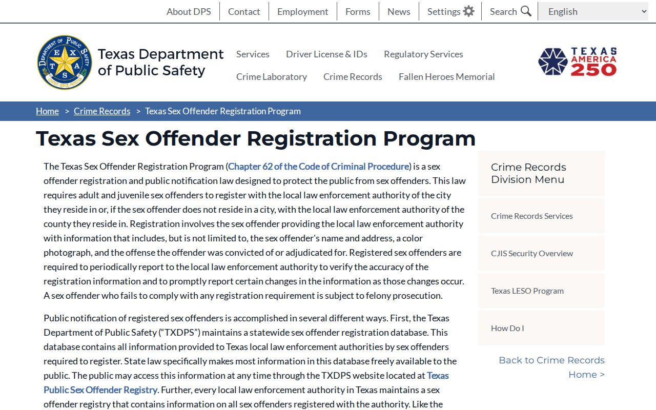 Texas DPS sex offender registration program information for Crosby County